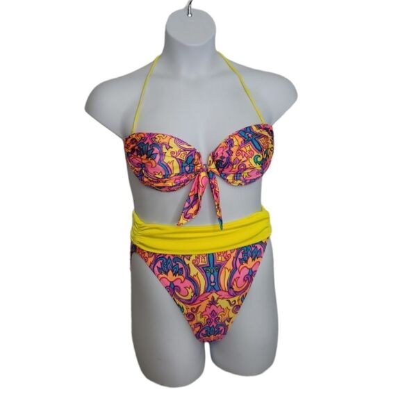 VINTAGE 80s bikini high waist high‎ cut removable strap tie top neon M/L - Picture 1 of 16